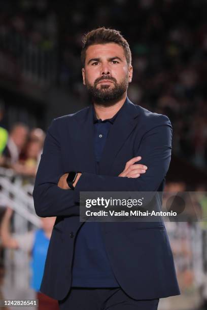 The coach of the team Rapid Bucuresti Adrian Mutu looks during the game between Rapid Bucuresti and Universitatea Cluj, Round 8 of Liga 1 Romania at...