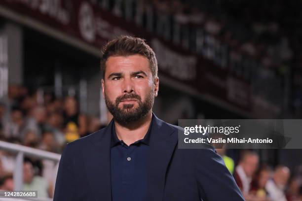 The coach of the team Rapid Bucuresti Adrian Mutu looks during the game between Rapid Bucuresti and Universitatea Cluj, Round 8 of Liga 1 Romania at...