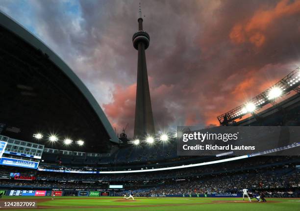 August 30 - Lovely skies after a brief shower as Toronto Blue Jays starting pitcher Kevin Gausman pitches. The Toronto Blue Jays took on the Chicago...