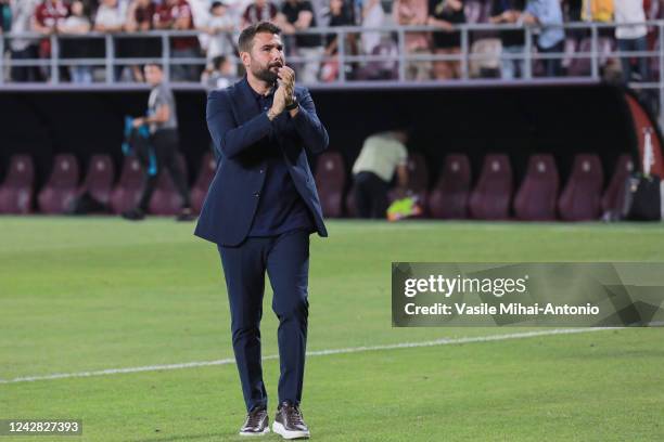 The coach of the Rapid Bucharest team Adrian Mutu celebrates the victory during the game between Rapid Bucuresti and Universitatea Cluj, Round 8 of...