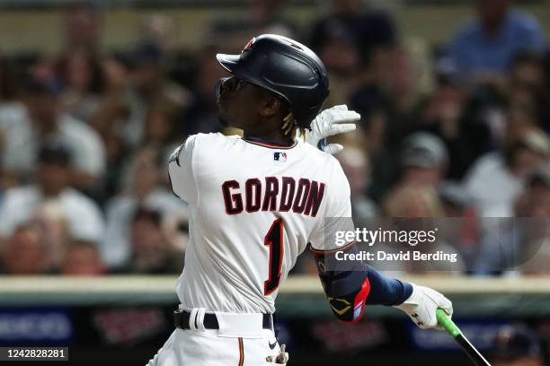 Nick Gordon of the Minnesota Twins hits his first career grand slam in the fifth inning of the game against the Boston Red Sox at Target Field on...