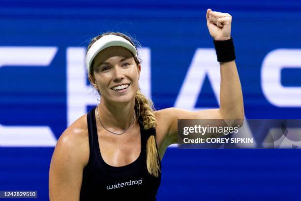 S Danielle Collins celebrates her win over Japan's Naomi Osaka during their 2022 US Open Tennis tournament women's singles first round match at the...