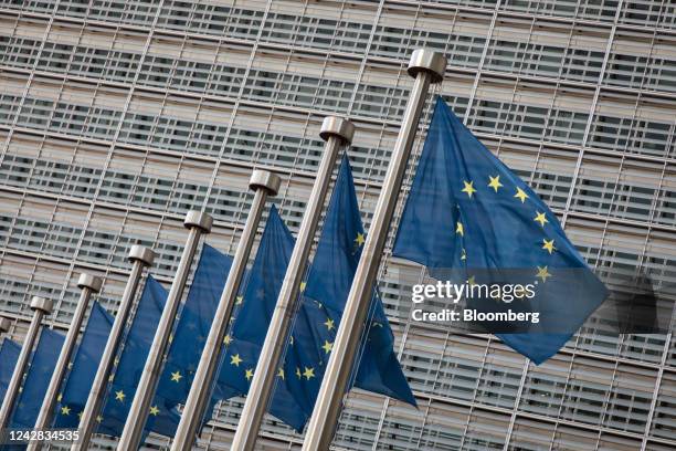 European Union flags fly outside the Berlaymont building in Brussels, Belgium, on Monday, Aug. 29, 2022. Belgian inflation hit a 46-Year high of...