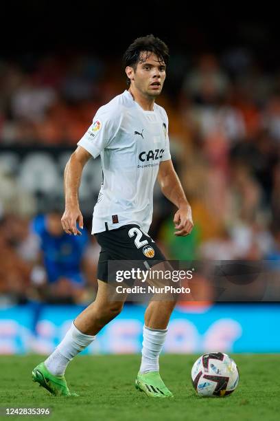 Fran Perez right winger of Valencia and Spain controls the ball during the La Liga Santander match between Valencia CF and Atletico de Madrid at...