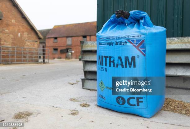 Sack of ammonium nitrate fertilizer in the yard of a dairy farm near Thame, UK, on Wednesday, Aug. 31, 2022. The drought withering Europes farms is...
