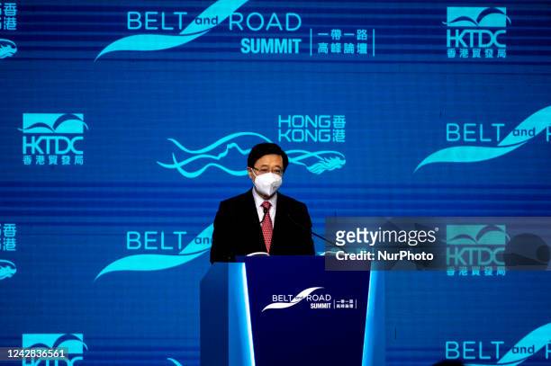 Hong Kong Chief Executive John Lee speaking on stage at the Hong Kong Belt and Road Summit on August 31, 2022 in Hong Kong, China. The Seventh Belt...