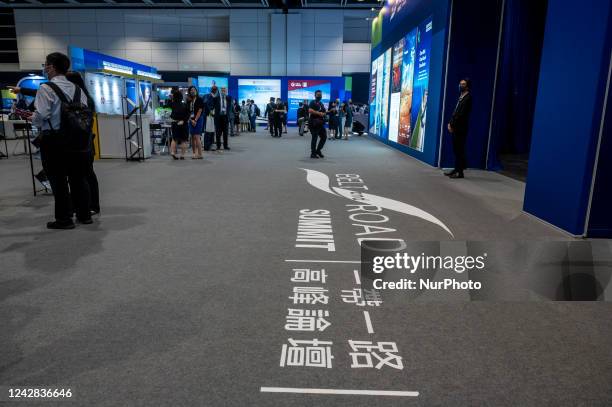 General view showing the logo of Belt and Road summit on the ground at the Hong Kong Belt and Road Summit on August 31, 2022 in Hong Kong, China. The...