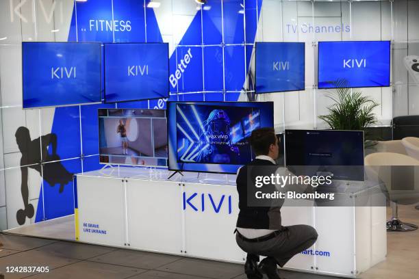 The booth of Kivi, a Ukrainian smart TV manufacturer and services company, during the opening media day at the IFA Consumer Electronics and Home...