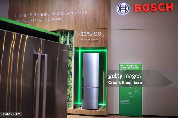 Refrigerator featuring low-carbon emission technology on display at the Robert Bosch GmbH booth during the opening media day at the IFA Consumer...