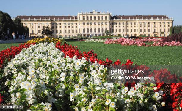 The view of Schonbrunn Palace in Vienna. It is a former imperial rococo summer residence with 1,441 rooms.