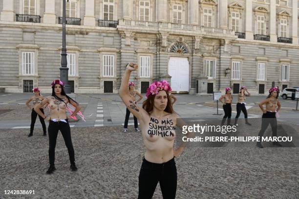 Members of the feminist activist group Femen protest in front of the Royal Palace against "a wave of sexual assaults and chemical submission cases",...