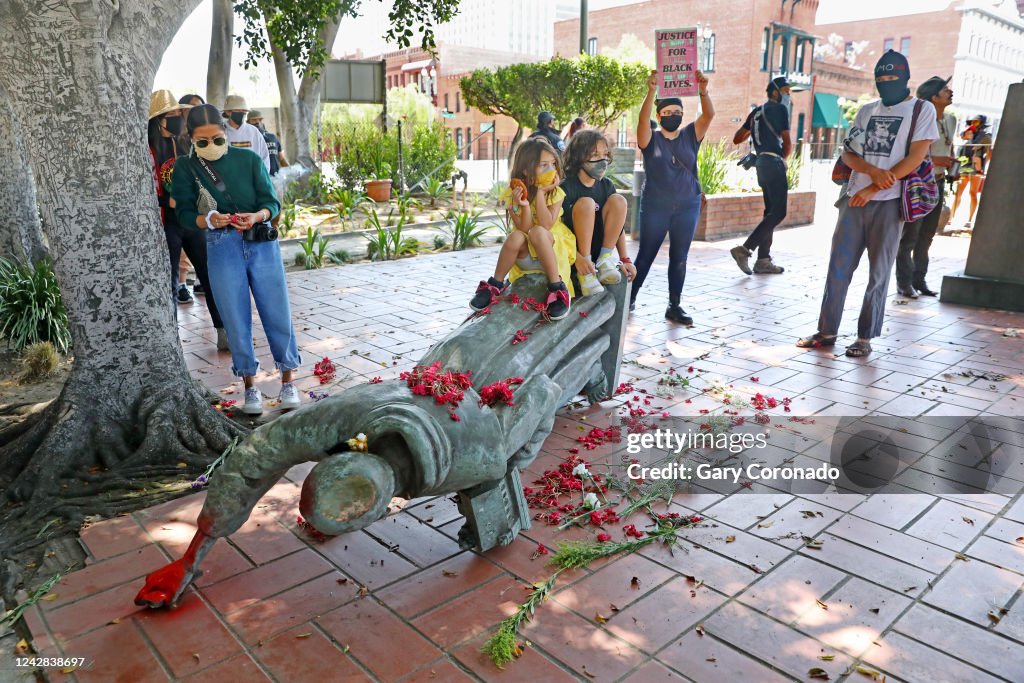 Junipero Serra, a Roman Catholic Spanish priest, statue toppled at Father Serra Park
