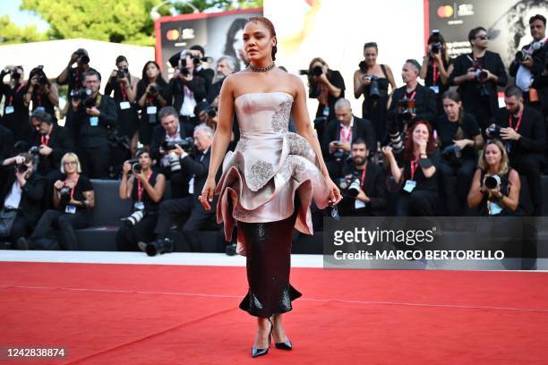 Actress Tessa Thompson arrives for the Opening Ceremony and the screening of the film "White Noise" on August 31, 2022 during the 79th Venice...