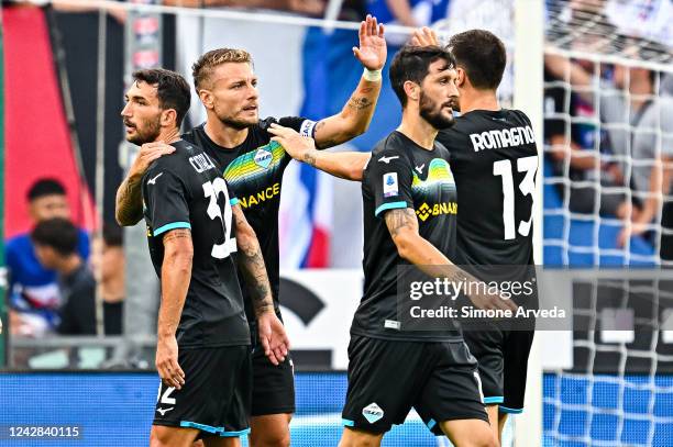 Ciro Immobile of Lazio celebrates with his team-mates Mattia Zaccagni, Luis Alberto and Alessio Romagnoli after scoring a goal during the Serie A...