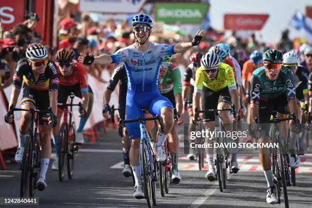 Australian Kaden Groves of BikeExchange-Jayco celebrates after winning stage 11 of the 2022 edition of the 'Vuelta a Espana', Tour of Spain cycling...