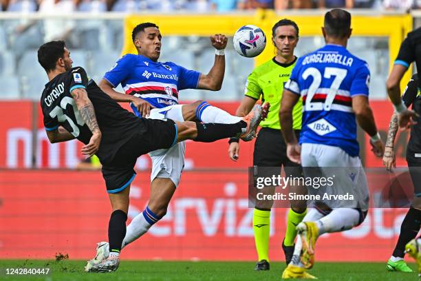 Danilo Cataldi of Lazio and Abdelhamid Sabiri of Sampdoria vie for the ball during the Serie A match between UC Sampdoria and SS Lazio at Stadio...