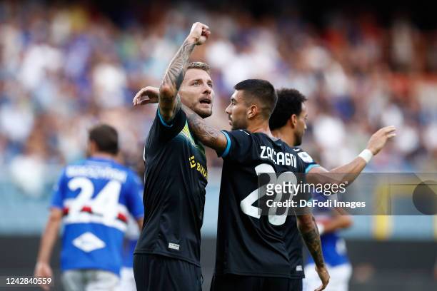 Ciro Immobile of SS Lazio celebrates after scoring his team's first goal with team mates during the Serie A match between UC Sampdoria and SS Lazio...