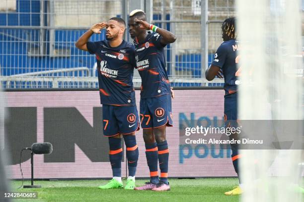 Arnaud NORDIN of Montpellier celebrates his scoring with Falaye SACKO of Montpellier during the Ligue 1 match between Montpellier and Ajaccio at...