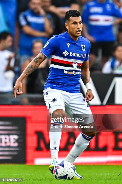 Jeison Murillo of Sampdoria is seen in action during the Serie A match between UC Sampdoria and SS Lazio at Stadio Luigi Ferraris on August 31, 2022...