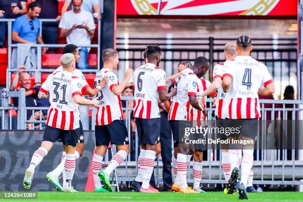 Xavi Simons of PSV Eindhoven Celebrates after scoring his teams 1:0 goal during the Dutch Eredivisie match between PSV Eindhoven and FC Volendam at...