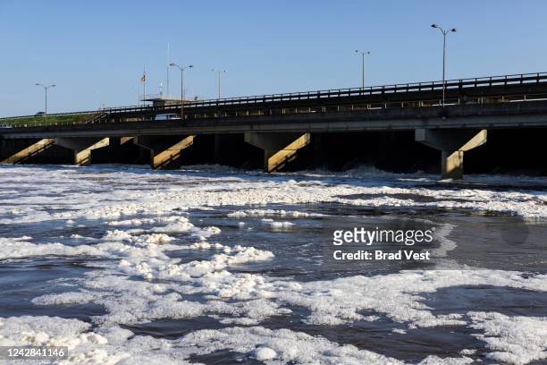 Water flows out of a spillway into Pearl River on August 31, 2022 in Jackson, Mississippi. Jackson, Mississippi, the state’s capital, is currently...