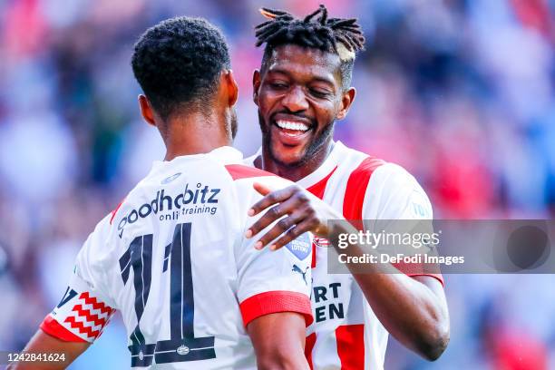 Cody Gakpoof PSV Eindhoven and Ibrahim Sangare of PSV Eindhoven celebrates after scoring his team?s 3:0 goal with team mates during the Dutch...