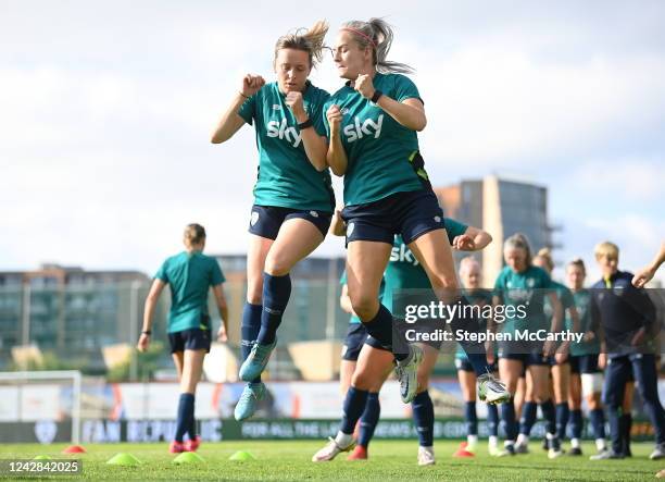 Dublin , Ireland - 31 August 2022; Harriet Scott, left, and Lily Agg during a Republic of Ireland Women training session at Tallaght Stadium in...