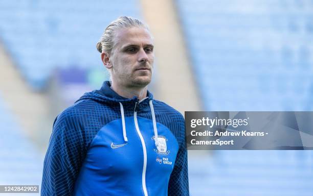 Preston North End's Brad Potts inspecting the pitch before the match during the Sky Bet Championship between Coventry City and Preston North End at...