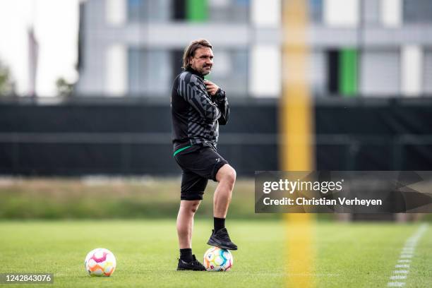 Head Coach Daniel Farke is seen during a training session of Borussia Moenchengladbach at Borussia-Park on August 31, 2022 in Moenchengladbach,...