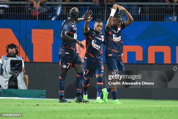 Sepe Elye WAHI of Montpellier celebrates his scoring with teammates during the Ligue 1 match between Montpellier and Ajaccio at Stade de la Mosson on...