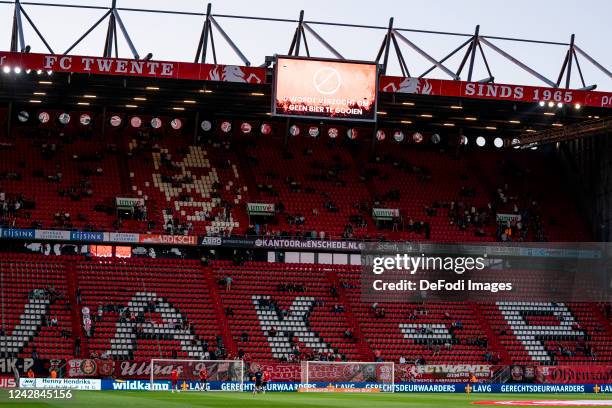 Sign dont throw no beer prior to the Dutch Eredivisie match between FC Twente and SBV Excelsior at De Grolsch Veste Stadium on August 31, 2022 in...