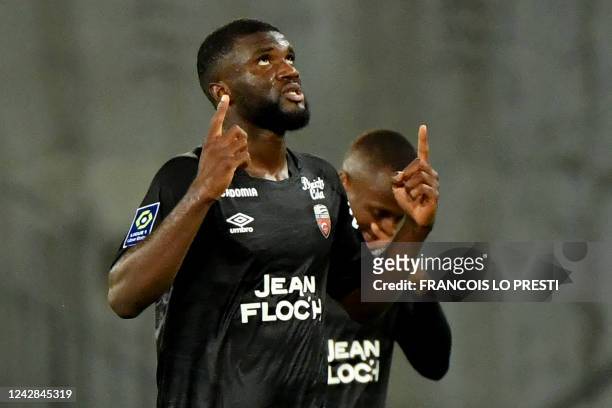 Lorient's Nigerian forward Terem Moffi celebrates after scoring during the French L1 football match between RC Lens and FC Lorient at Stade...