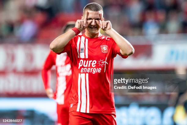 Christos Tzolis of FC Twente Celebrates after scoring his teams 2:0 goal during the Dutch Eredivisie match between FC Twente and SBV Excelsior at De...