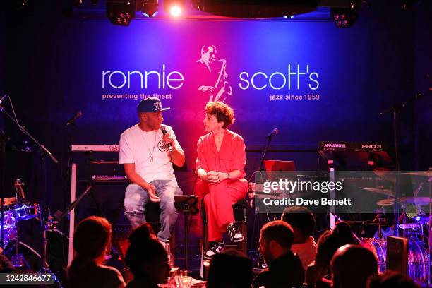 Goldie and Annie Mac speak on stage at a special performance of "Goldie Presents Subjective Live" in partnership with Hennessy at Ronnie Scott's Jazz...