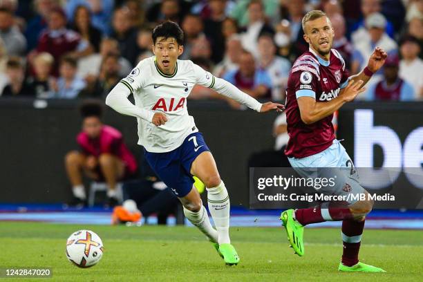 Heung-Min Son of Tottenham Hotspur in action during the Premier League match between West Ham United and Tottenham Hotspur at London Stadium on...