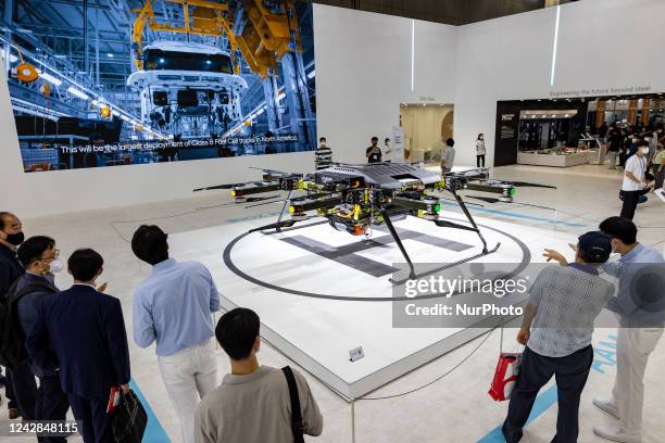 Hyundai Motor Group's multicopter drone a Project N which was developed for research purposes is display during the H2 MEET 2022 Expo in KINTEX on...