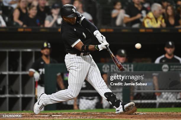 Elvis Andrus of the Chicago White Sox hits a solo home run in the fifth inning against the Kansas City Royals at Guaranteed Rate Field on August 31,...