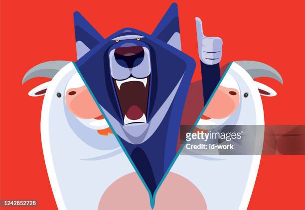 wolf emerging from sheep costume and giving thumbs up - wolf sheep stock illustrations
