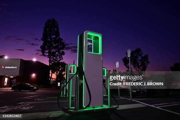 Electric vehicle charging stations are pictured as the California Independent System Operator announced a statewide electricity Flex Alert urging...