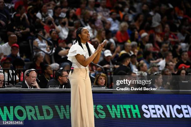 Head Coach Noelle Quinn of the Seattle Storm cheers during Round 2 Game 2 of the 2022 WNBA Playoffs on August 31, 2022 at Michelob ULTRA Arena in Las...