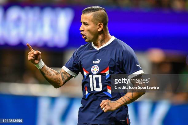 Paraguay forward Derlis Gonzalez reacts after scoring a second-half goal during the international friendly match between Paraguay and Mexico on...