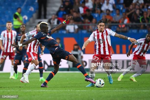 Falaye SACKO of Montpellier and Kevin SPADANUDA of Ajaccio during the Ligue 1 match between Montpellier and Ajaccio at Stade de la Mosson on August...