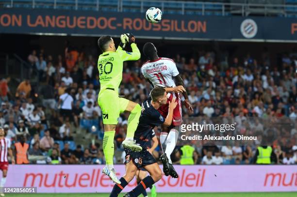 Matis CARVALHO of Montpellier and Bevic MOUSSITI-OKO of Ajaccio during the Ligue 1 match between Montpellier and Ajaccio at Stade de la Mosson on...