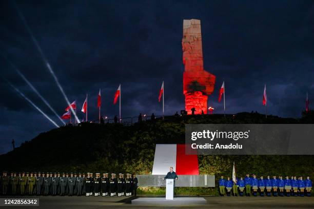 Andrzej Duda, the President of Poland, speaks outside the Monument to the Defenders of Westerplatte, during the celebration of the 83rd anniversary...