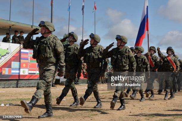 Soldiers attend strategic military exercise "Vostok-2022" in Moscow, Russia on September 01, 2022. Soldiers and military observers from 14 countries,...