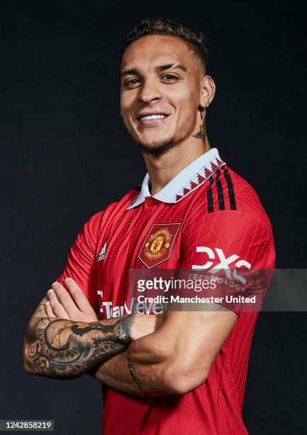 New Manchester United signing Antony poses for a portrait at Carrington Training Ground on September 01, 2022 in Manchester, England.