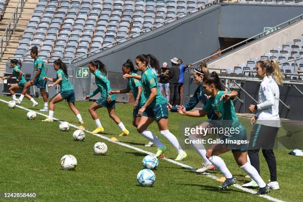 Brazil women's national soccer team players during the Brazil women's national soccer team media briefing at Orlando Stadium on September 01, 2022 in...