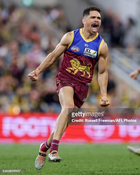 Charlie Cameron of the Lions celebrates a goal during the 2022 AFL Second Elimination Final match between the Brisbane Lions and the Richmond Tigers...