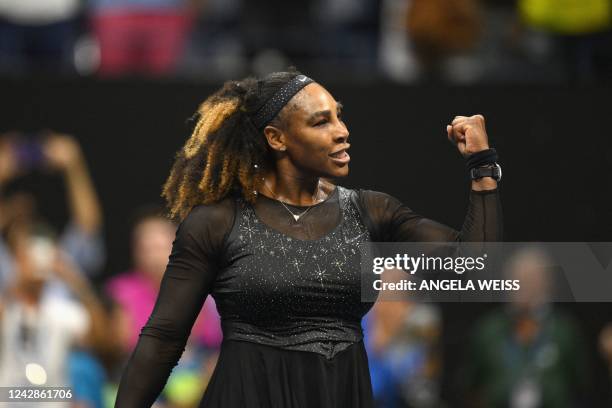 S Serena Williams celebrates her win against Estonia's Anett Kontaveit during their 2022 US Open Tennis tournament women's singles second round match...