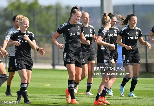 Belgium's Charlotte Tison and Belgium's Tine De Caigny pictured in action during a training session of Belgium's national women's soccer team the Red...